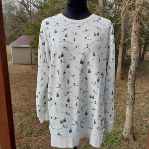 Lands' End White Crewneck Sweater with Ski Pattern